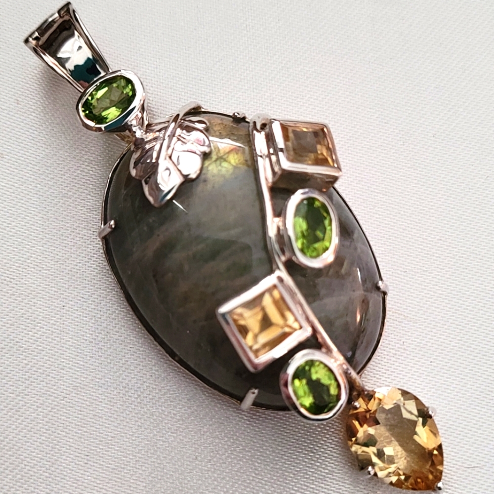 Large labradorite and multi gemstone pendant sterling silver